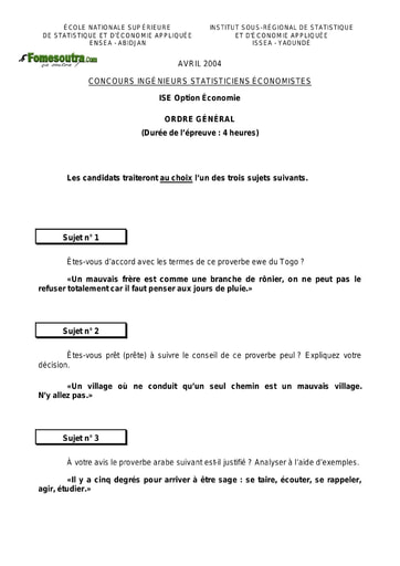 Sujet d'ordre générale ISE option Economie 2004 (ENSEA - ISSEA)