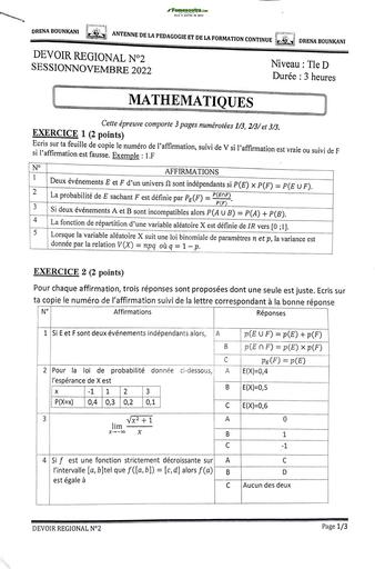 Devoir Régional de Mathématique / DREN BOUKANI