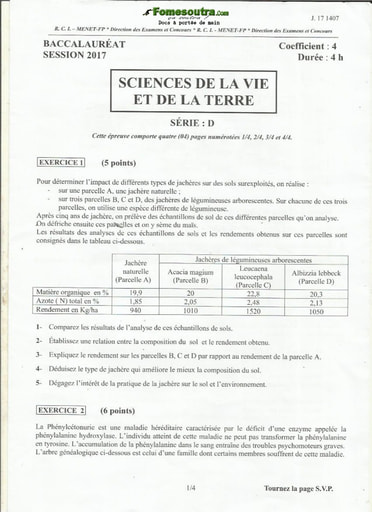 Sujet de SVT BAC D 2017