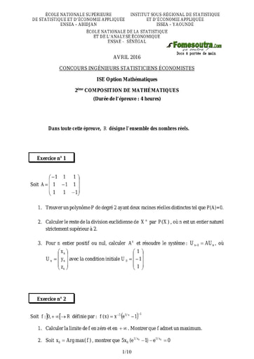 Sujet et Corrigé 2ème épreuve de maths ISE option maths 2016 (ENSEA - ISSEA - ENSAE)