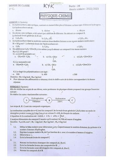 Sujet de Physique-Chimie Première C Lycée Classique Abidjan 22-23