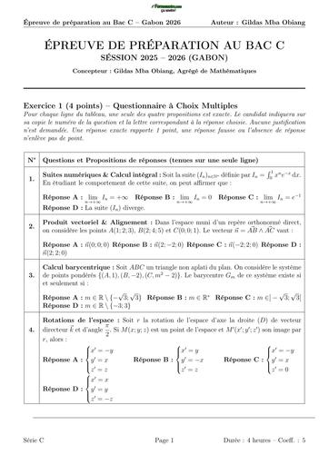 BAC GABON 2026 MATHS Tle C SUJET 4 BY TEHUA