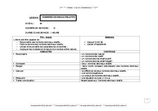 Fiche de cours Maths 5ième Leçon 4 Nombres Décimaux relatifs by TEHUA