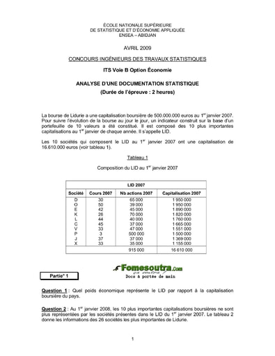 Sujet Analyse d'une Documentation Statistique ITS B option Economie 2009 (ENSEA)