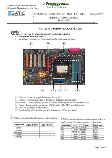 Sujet Informatique 1 concours d'entrée en Master I INFO - ESATIC 2017