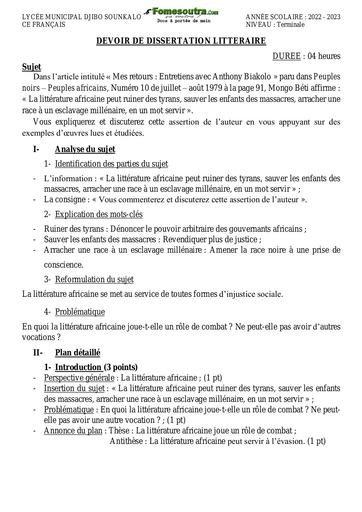 Sujet corrigé de dissertation littéraire niveau Terminale - Lycée Municipal Djibo Sounkalo Bouaké