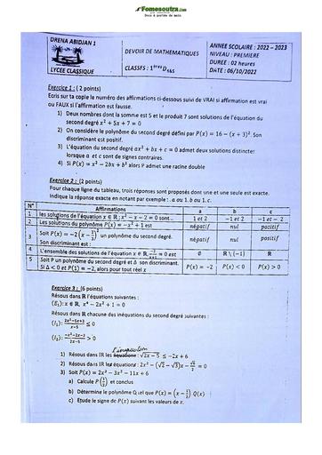 Sujet de Mathématique Première D Lycée Classique Abidjan 2023