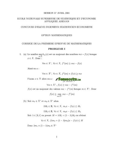 Corrigé 1ère épreuve de maths ISE option maths 2001 (ENSEA)