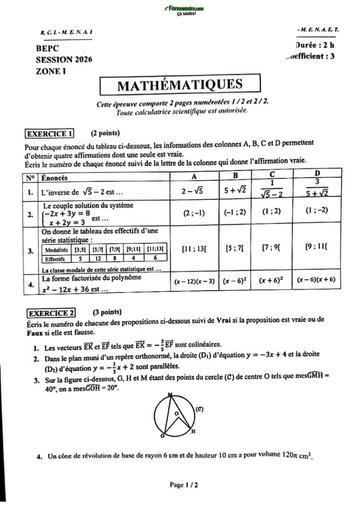 Bepc 2026 Mathématiques zone 1 sujet by Tehua