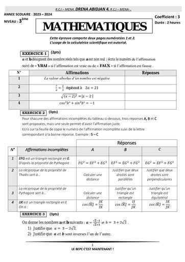 SUJET PARTIEL 3ième Maths décembre 2023 by Tehua