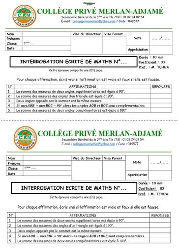 INTERROGATION ECRITE N°1 DE MATHS NIVEAU 5ième (LES ANGLES) NOVEMBRE 2025 BY TEHUA
