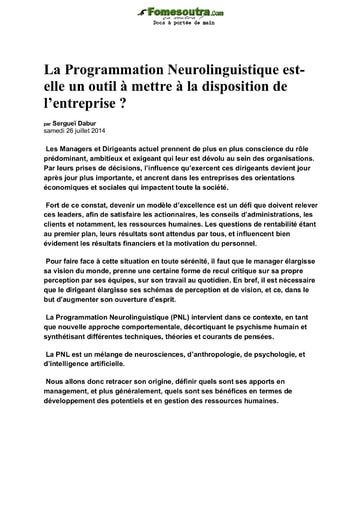 La Programmation Neurolinguistique est-elle un outil à mettre à la disposition de l’entreprise ?