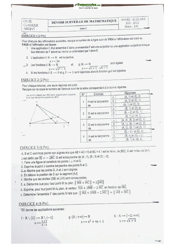 Sujet de Mathématique Première C 2022