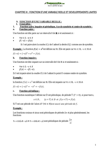 Cours de fonction d'une variable Réelle  et Développement Limités