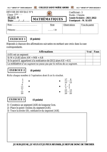 DEVOIR SURVEILLE MATHS 5è 2022