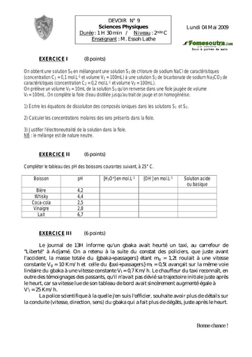 Devoir (20) de Physique-Chimie 2nde C - EMPT Bingerville