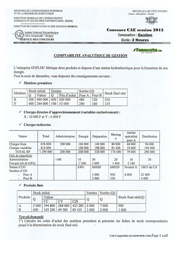 Sujet de Gestion concours CAE 2013