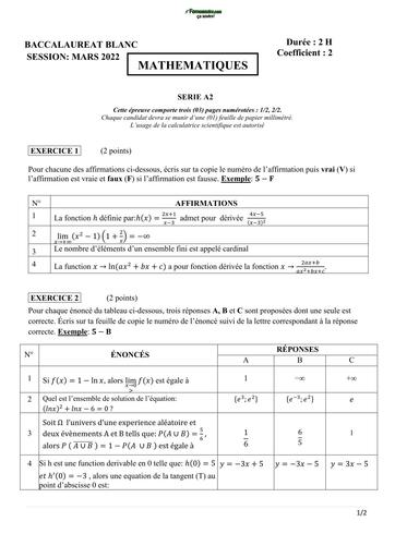 BAC BLANC 2021 SUJET DE MATHS SERIE A2 DRENA COURS DU SOIR BY TEHUA