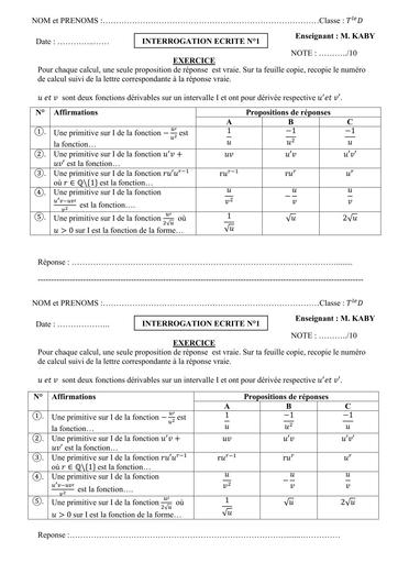 Interrogation écrite Maths niveau Tle D (Primitive) By Tehua