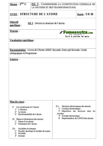 Structure de l'atome - Cours de Chimie 2nd C