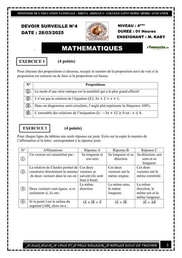Devoir de niveau MATHS 4ème (Equation et inéquations   Vecteur Statistique) COLLEGE SAINTE MOISE ABOBO 2025 by TEHUA