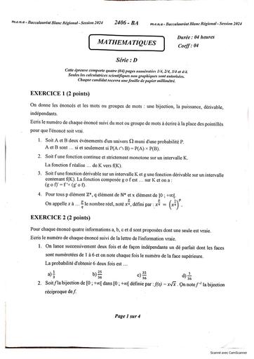 Examens Bac Blancs Régionaux Session Février 2024 Maths serie D DREN Abidjan 2 by Tehua