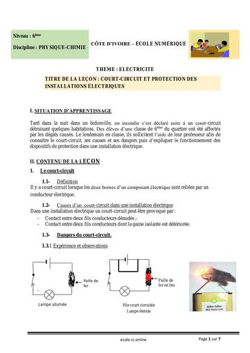 PC 6ème L3 Court circuit et protection des installations électriques