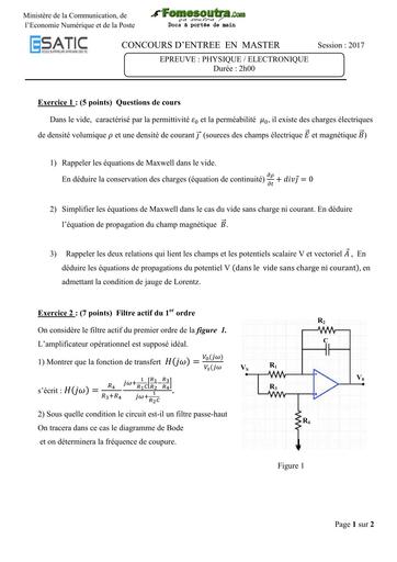 Sujet de Physique / Electronique concours d'entrée en Master - ESATIC 2017