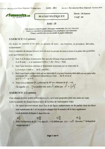 Bac blanc 2024 Maths serie D sujet+barème dren Abidjan 2 by Tehua