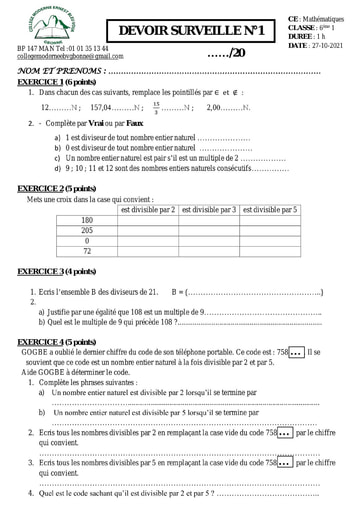 Devoir de Maths 6ème NOMBRES ENTIERS NATURELS