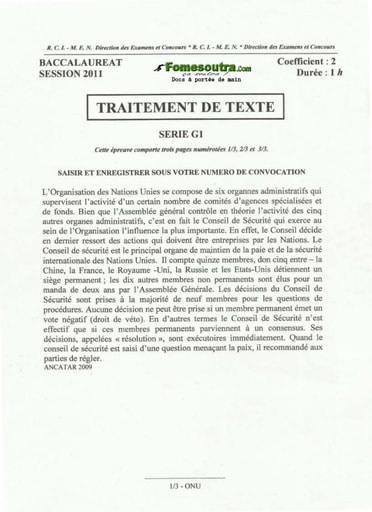 Sujet de Traitement de texte du BAC G1 2011