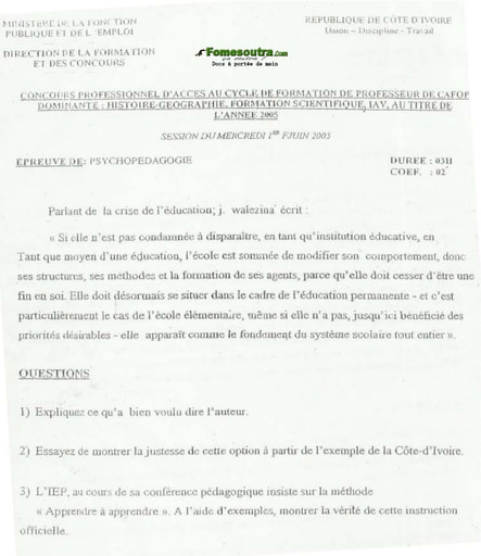 Sujet de Psychologie Générale - Professeur de CAFOP 2005