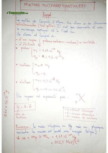 Cours manuscrit physique Tle D réactions nucléaires spontanées et provoquées by Tehua
