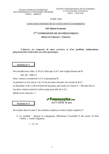 Sujet 2ème épreuve de maths ISE option économie 2010 (ENSEA - ISSEA)