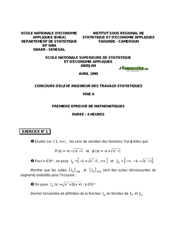 Sujet 1ère épreuve de maths ITS A 1999 (ENSEA - ENSAE - ISSEA)