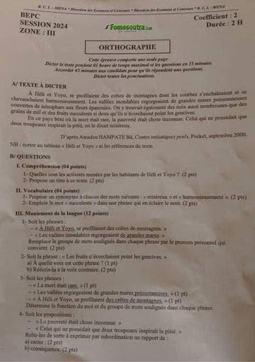 SUJET BEPC 2024 ORTHOGRAPHE Zone 3 by Tehua
