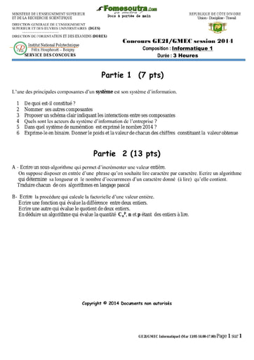 Sujet d'Informatique 1 concours GE2I/GMEC 2014