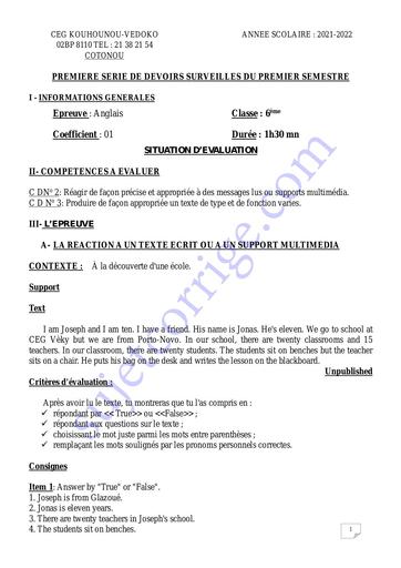 SUJET 1ER DEVOIR DU 1ER S ANGLAIS 6ÈME 2021-2022 CEG KOUHOUNOU-VEDOKO by TEHUA.pdf