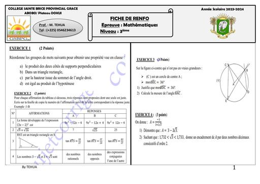 Fiche renfo Maths 3ieme 27 janvier 2024 by Tehua