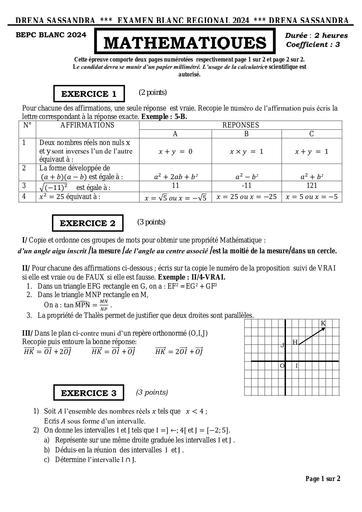 BEPC blanc 2024 MATHS dren Sassandra by Tehua