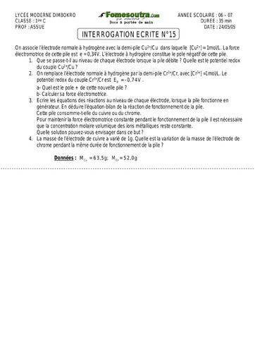 Interrogation (6) de Chimie (oxydo-reduction) 1ère C Lycée Moderne de Dimbokro