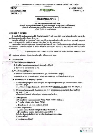 BEPC session 2025 Zone 3 sujet d’Orthographe Côte d'Ivoire by TEHUA