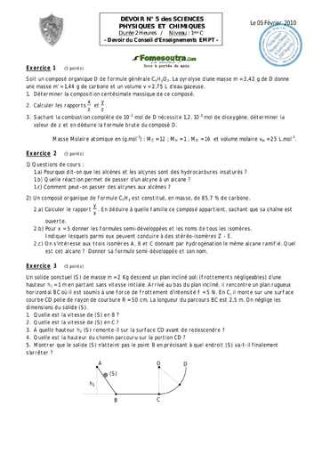 Devoir (5) de Physique-chimie 1ère C EMPT Bingerville