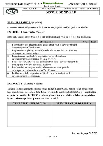 Devoir Histoire-Géographie Terminale Groupe Scolaire Sainte Foi 2020-2021