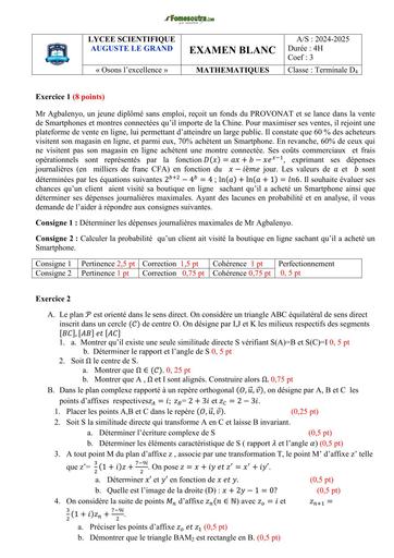 Examen blanc MATHS Tle D 2025 ALG Lycée SCIENTIFIQUE AUGUST LE GRAND BY TEHUA