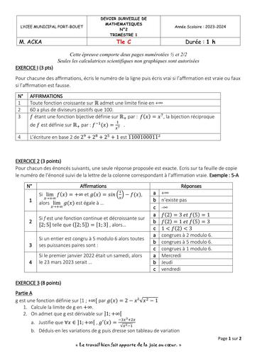 DEVOIR N°1 MATHS Tle C Trimestre 1 LYCEE MUNICIPAL DE PORT BOUET BY TEHUA