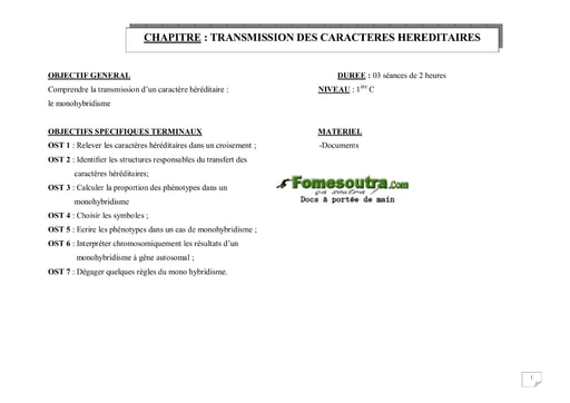 Transmission des caractères héréditaires: cas du monohybridisme - SVT 1ere C