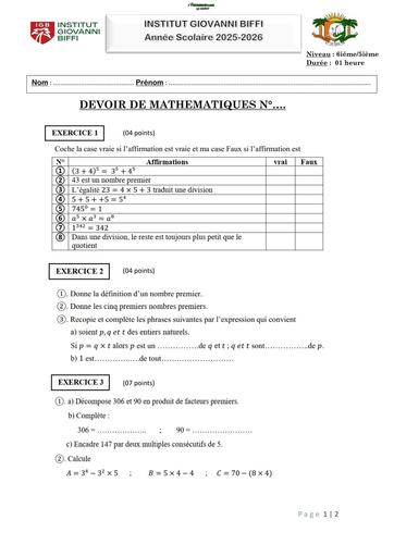 DEVOIR DE MATHS N°1 6ième 5ième   INSTITUT GIOVANNI BIFFI Octobre 2025 by TEHUA