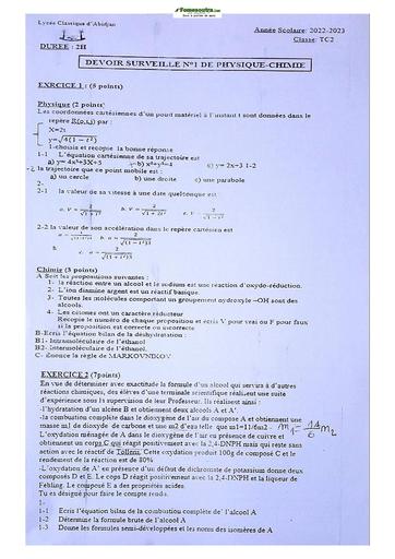 Sujets de Physique-Chimie Terminale C Lycée Classique 2022-2023