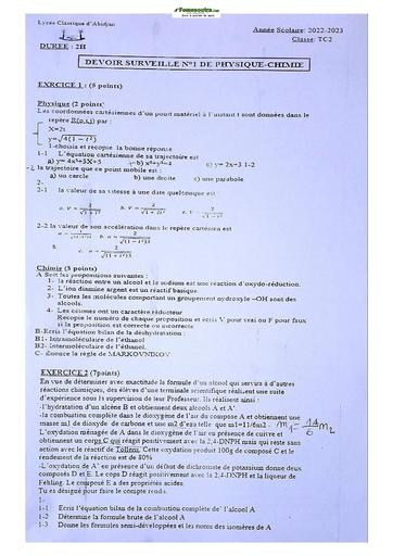 Sujets de Physique-Chimie Terminale C Lycée Classique 2022-2023